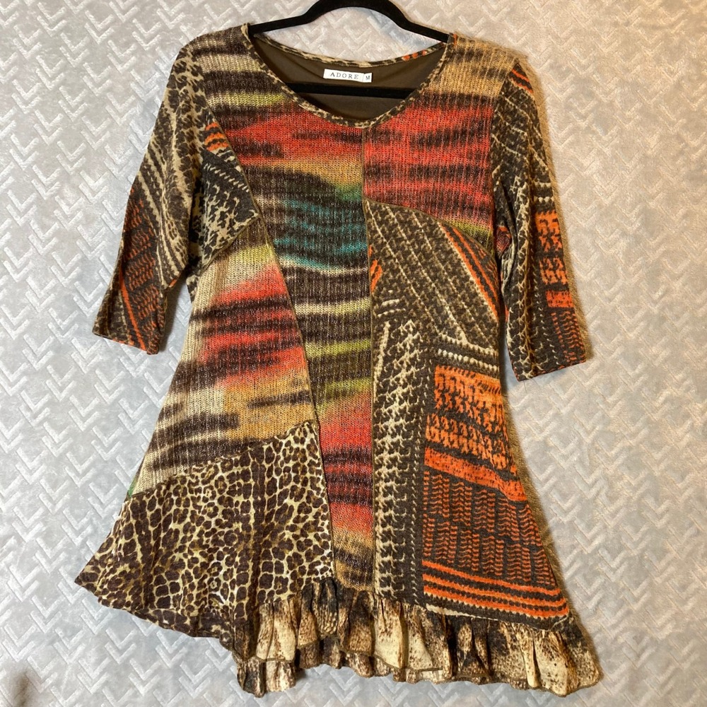 Adore Tunic Top Women's Medium Multicolor Excellent Vintage Patchwork Ruffle Hem